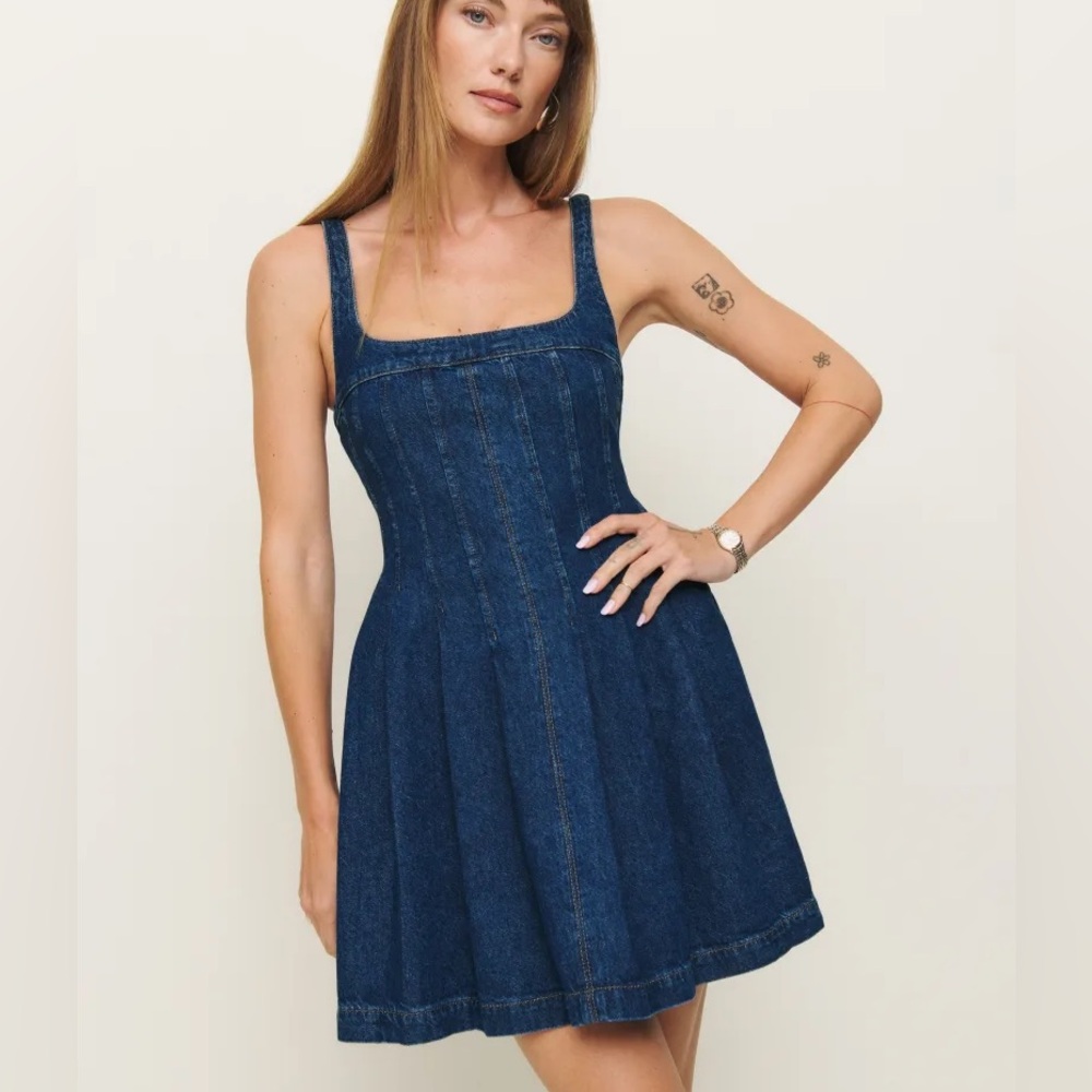 NWT Reformation Violet Denim Mini Dress Corset Square Neck Women’s Size 0